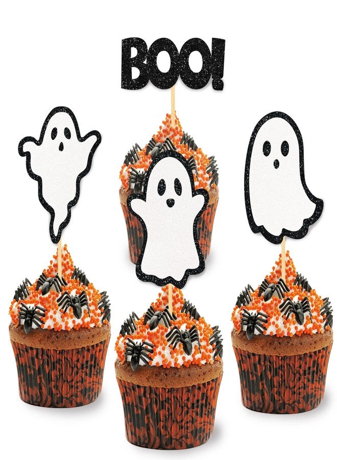 Moitkptt 24 Pack Glitter Halloween Ghost Cupcake Toppers - Baby Shower Decor Gender Reveal Decorations (Black) - Image 1