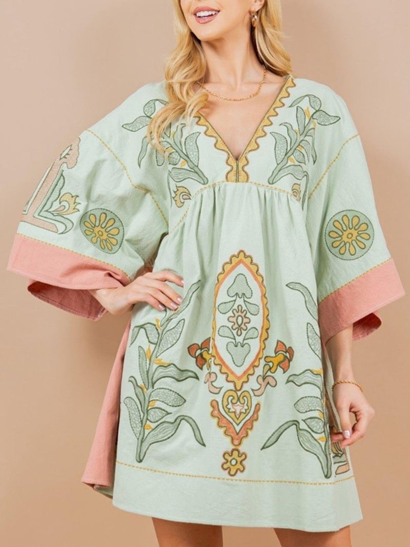 Joiemont Womens Oversized Embroidered Dress with V-Neck and 3/4 Sleeves Vintage Embroidery Babydoll Dress(0603-LightGreen-L) - Image 3