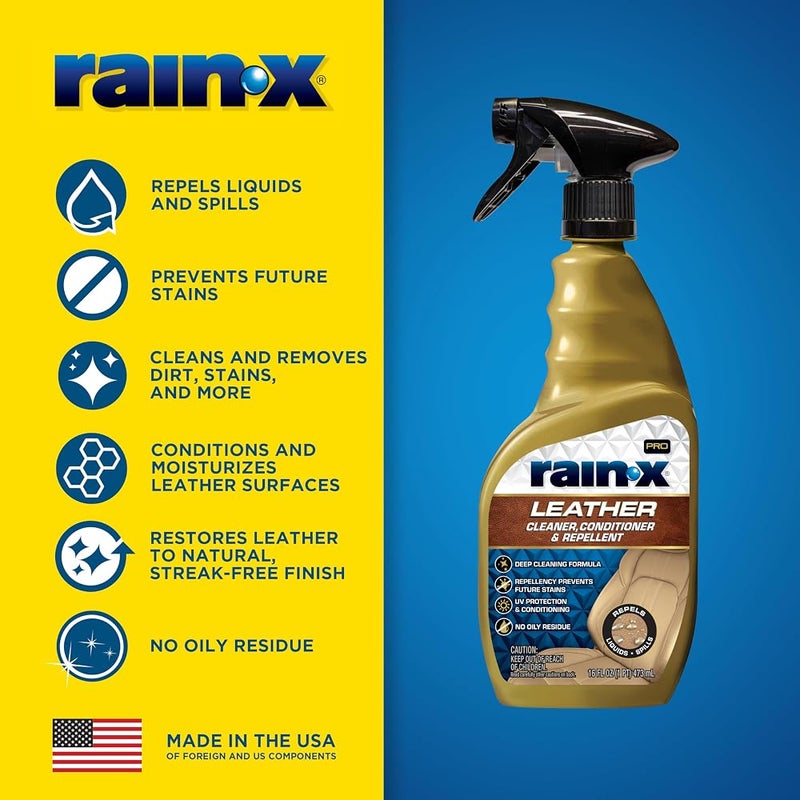 راين إكس 1 Rain-X 620236SRP منظف ومعالج وطارد للجلد لداخلية السيارة، ينظف ويطرد بينما يرطب، يعيد الجلد إلى طبيعته، برائحة منعشة دون بقايا، 16 أونصة سائلة. - Image 1