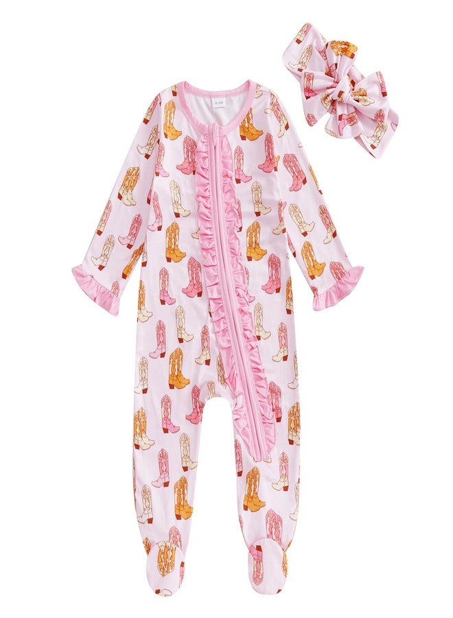 KMBANGI Newborn Baby Girl Western Outfits Ruffle Zipper Boots Footie Jumpsuit Long Sleeve One Piece Cowgirl Clothes 0-12M (Pink, Newborn) - Image 1