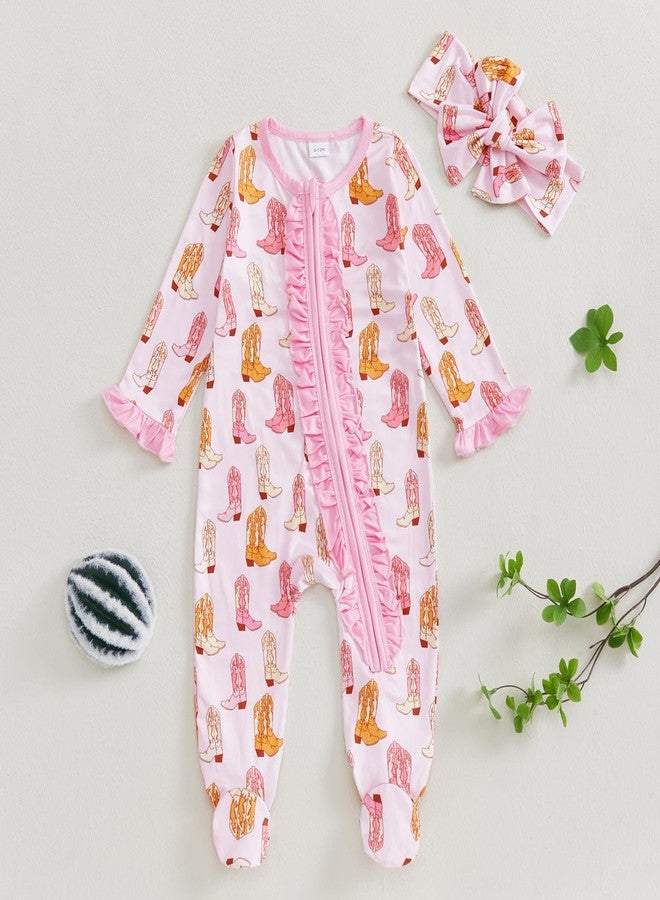 KMBANGI Newborn Baby Girl Western Outfits Ruffle Zipper Boots Footie Jumpsuit Long Sleeve One Piece Cowgirl Clothes 0-12M (Pink, Newborn) - Image 2