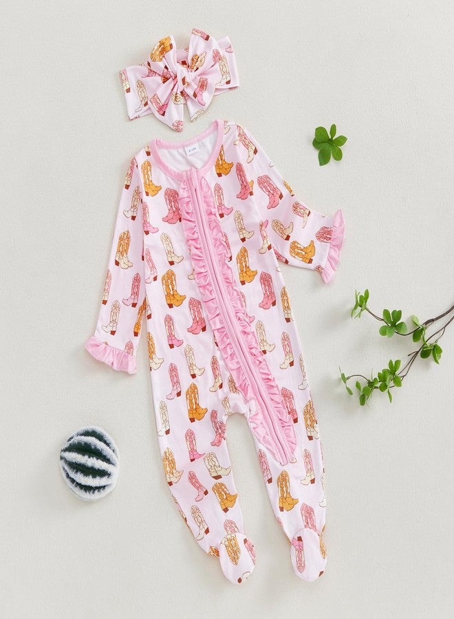 KMBANGI Newborn Baby Girl Western Outfits Ruffle Zipper Boots Footie Jumpsuit Long Sleeve One Piece Cowgirl Clothes 0-12M (Pink, Newborn) - Image 3