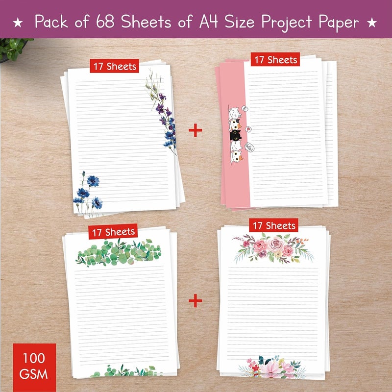 Zaslan Floral Cute Project Papers, Stationery Writing Paper 100 GSM (Pack of 68 Project Sheets - A4 Size - Ruled One Side) Combo 1… - Image 2