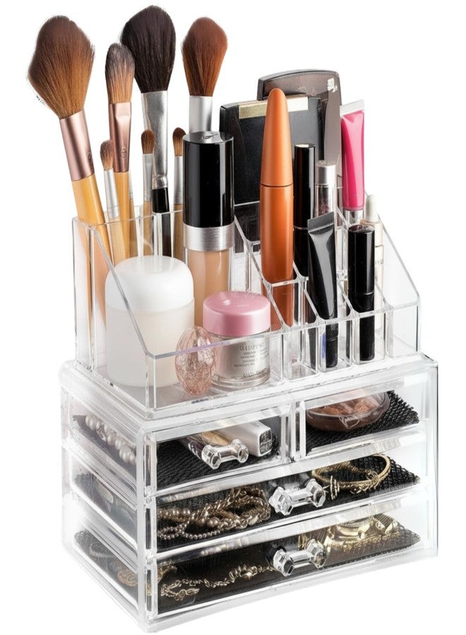 Masirs Clear Makeup Organizer - 16-Compartment Cosmetic and Jewelry Holder with 4 Drawers - Vanity Storage Box for Makeup, Skincare, Accessories, and Jewelry Display - Image 1
