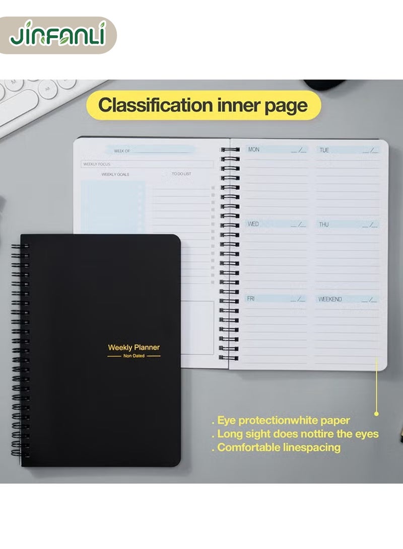جين فان ل أنا مخطط أسبوعي بدون تاريخ، دفتر أهداف أسبوعية A5، دفتر يوميات لتتبع العادات، مخطط قائمة مهام حلزوني، مخطط تتبع وأهداف، 8.3 بوصة × 5.8 بوصة، أسود - Image 2