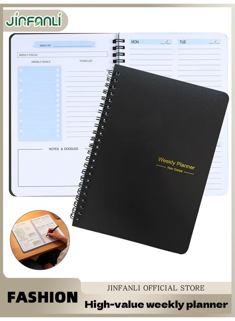 جين فان ل أنا مخطط أسبوعي بدون تاريخ، دفتر أهداف أسبوعية A5، دفتر يوميات لتتبع العادات، مخطط قائمة مهام حلزوني، مخطط تتبع وأهداف، 8.3 بوصة × 5.8 بوصة، أسود - Image 1