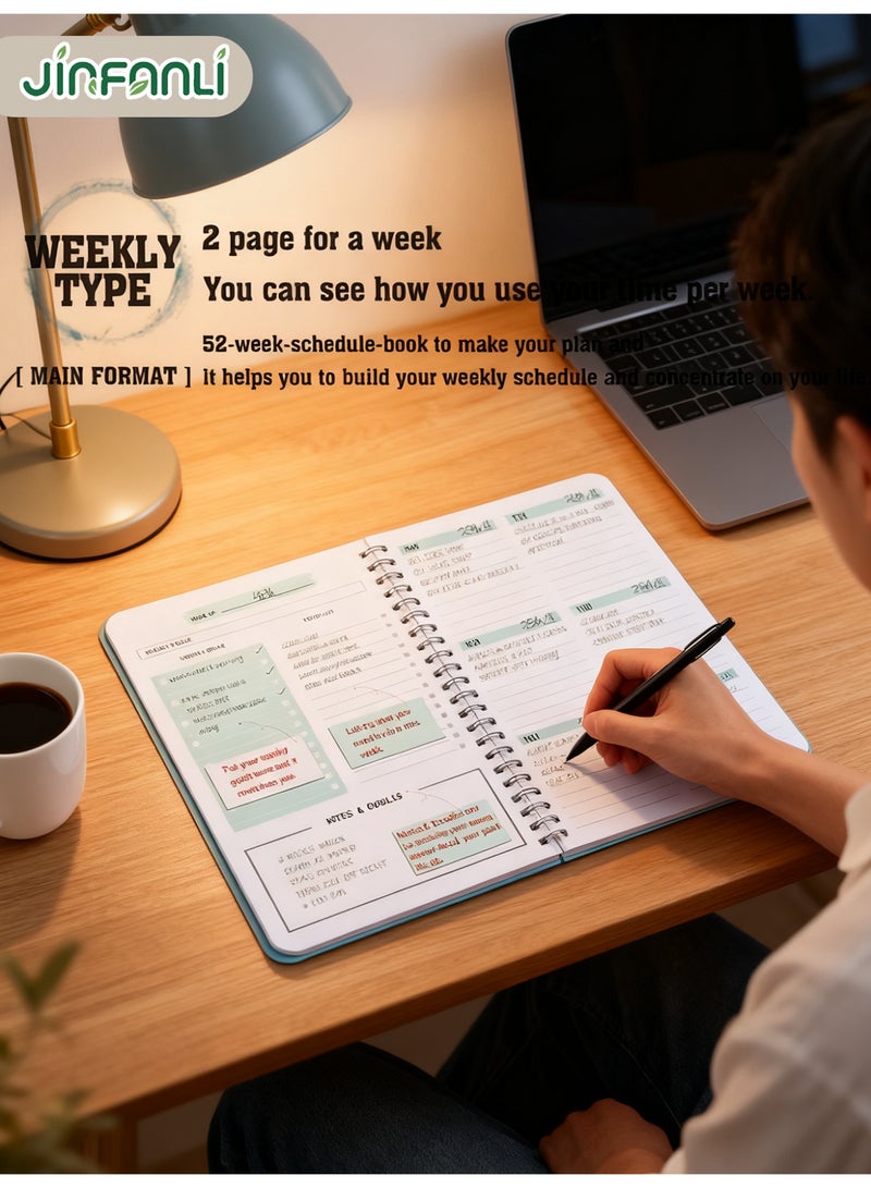 جين فان ل أنا مخطط أسبوعي بدون تاريخ، دفتر أهداف أسبوعية A5، دفتر يوميات لتتبع العادات، مخطط قائمة مهام حلزوني، مخطط تتبع وأهداف، 8.3 بوصة × 5.8 بوصة، أسود - Image 5