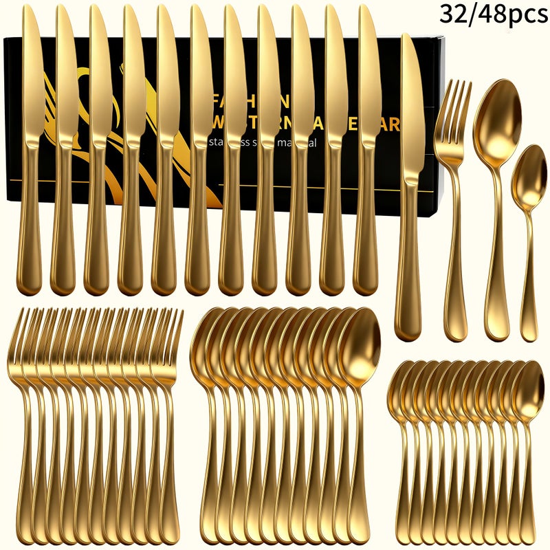 Golden Stainless Steel Cutlery Set 32pcs Mirror Polished Dishwasher Safe Gold - Image 1