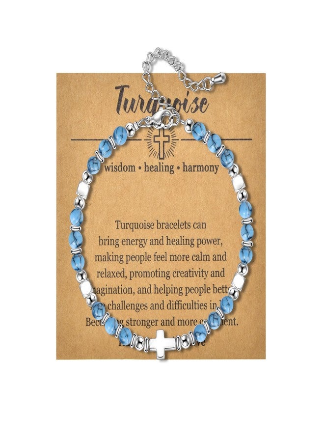 CANDYFANCY Dainty Beaded Bracelets For Women Natural Stone Blue Turquiose Cross Stainless Steel Bracelet Remember You Are Awesome-Inspirational Jewelry With Card Birthday Frienship Christmas Gift - Image 1