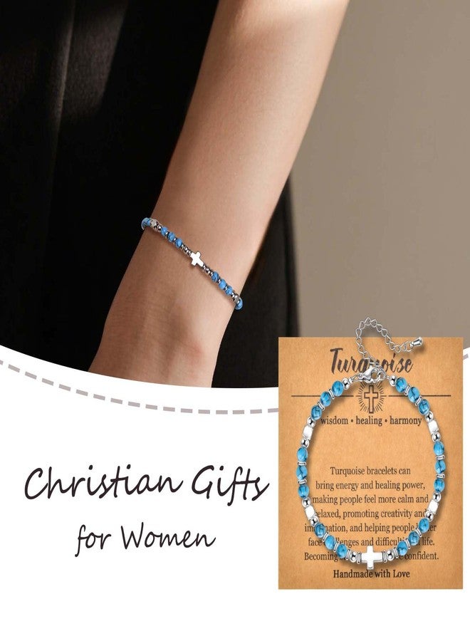 CANDYFANCY Dainty Beaded Bracelets For Women Natural Stone Blue Turquiose Cross Stainless Steel Bracelet Remember You Are Awesome-Inspirational Jewelry With Card Birthday Frienship Christmas Gift - Image 2