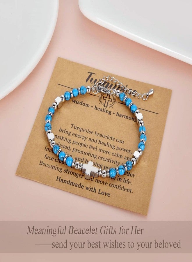 CANDYFANCY Dainty Beaded Bracelets For Women Natural Stone Blue Turquiose Cross Stainless Steel Bracelet Remember You Are Awesome-Inspirational Jewelry With Card Birthday Frienship Christmas Gift - Image 4