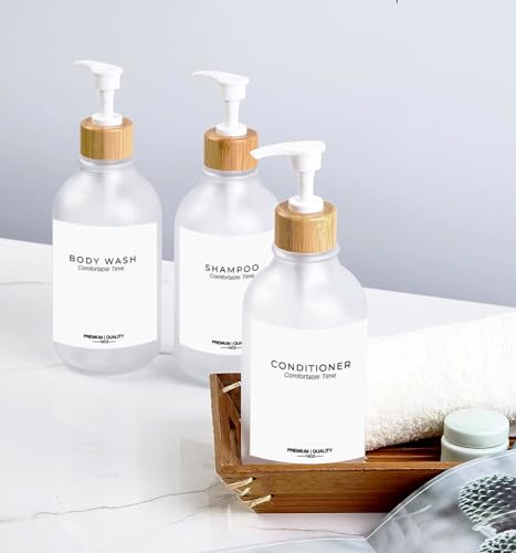 Gails Willing Frosted Heavy Duty Shampoo and Conditioner Bottles Apothecary Dispenser Bamboo Pump Refillable Shampoo Bottles for Shampoo Lotion Oil Shower Soap Hand Soap and Dish Soap Matte Clear - Image 3