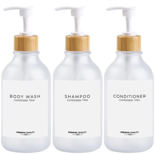 Gails Willing Frosted Heavy Duty Shampoo and Conditioner Bottles Apothecary Dispenser Bamboo Pump Refillable Shampoo Bottles for Shampoo Lotion Oil Shower Soap Hand Soap and Dish Soap Matte Clear - Image 1