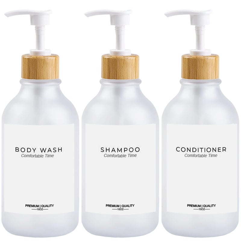 Gails Willing Frosted Heavy Duty Shampoo and Conditioner Bottles Apothecary Dispenser Bamboo Pump Refillable Shampoo Bottles for Shampoo Lotion Oil Shower Soap Hand Soap and Dish Soap Matte Clear - Image 2