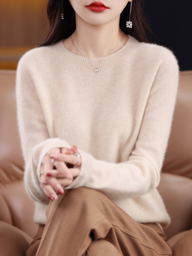 Woolen sweater womens solid color round neck 23 new long sleeve seamless knitted first-line garment wool sweater undershirt Beige