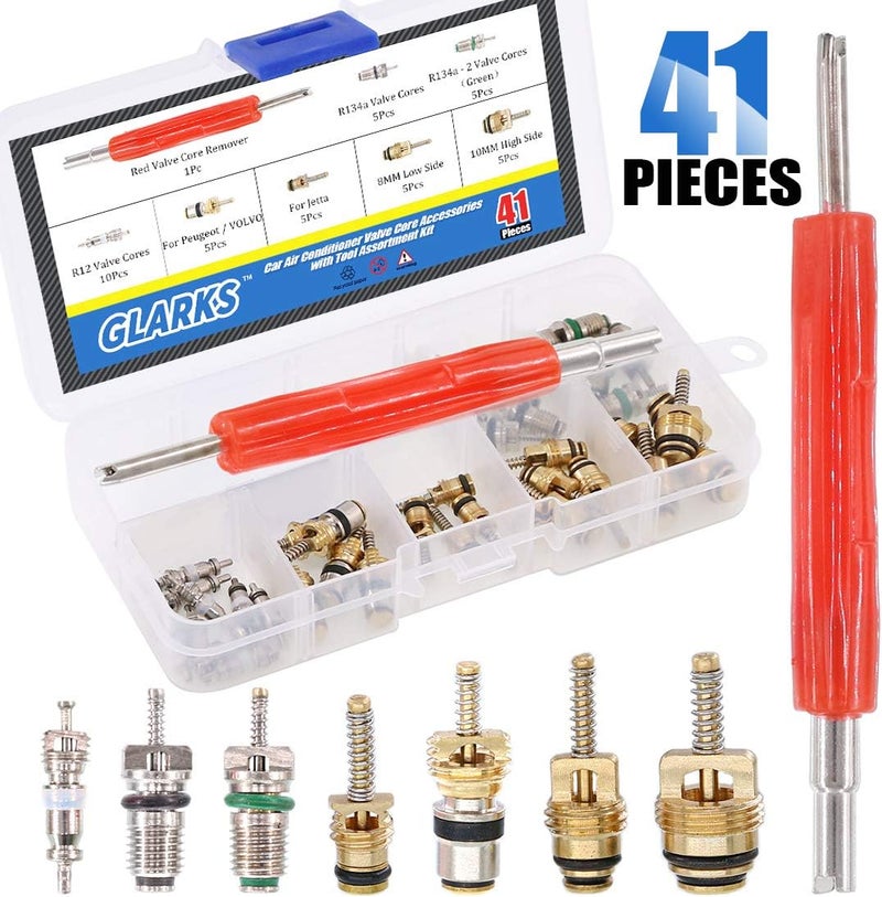 Glarks 41Pcs Car Air Conditioner Valve Core Schrader Valve Cores Accessories A/C R12 R134a Refrigeration Tire Valve Stem with Double Head Dual Dismantling Remover Installer Tool Assortment Kit - Image 1