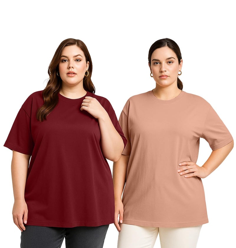 JUNEBERRY® 100% Pure Cotton Oversized Baggy Fit Drop Shoulder Solid Core Plus Size T-Shirt Combo for Women (Pack of 2) (PO2_JB_PS_CR_MR_XXL) - Image 1