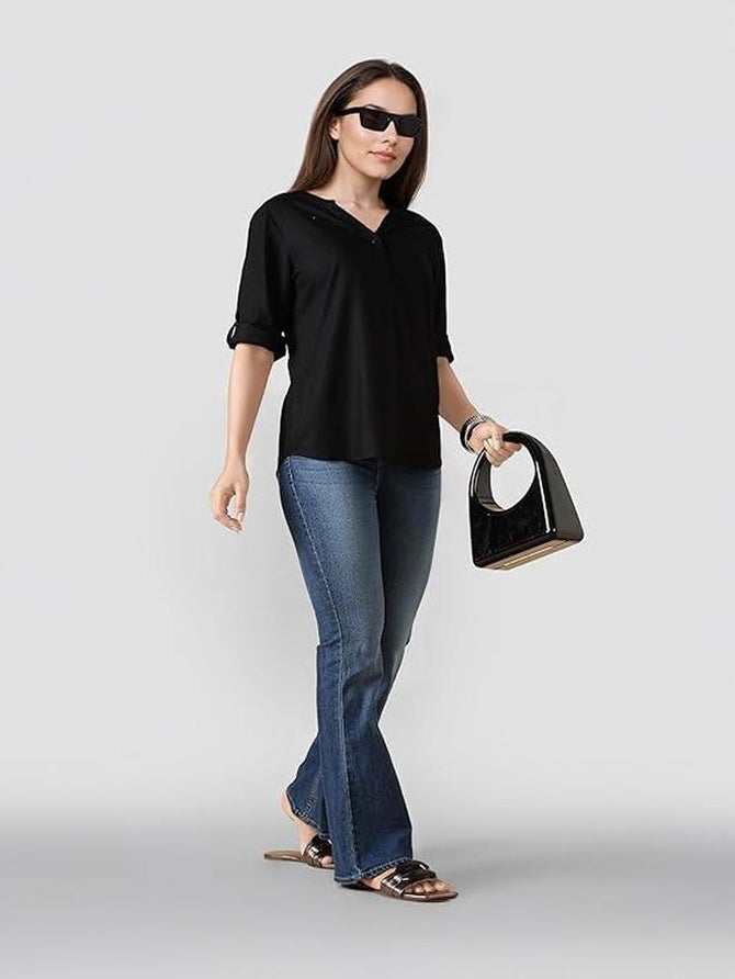 fyltr Women's Casual Roll -Up Sleeves V-Neck Top - Western Tops for Woman | Shirts for Women | Soft & Comfortable | Tops for Jeans - Image 3