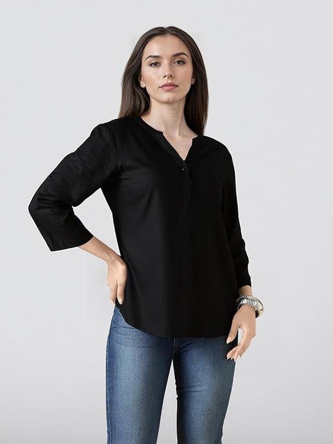 fyltr Women's Casual Roll -Up Sleeves V-Neck Top - Western Tops for Woman | Shirts for Women | Soft & Comfortable | Tops for Jeans - Image 1
