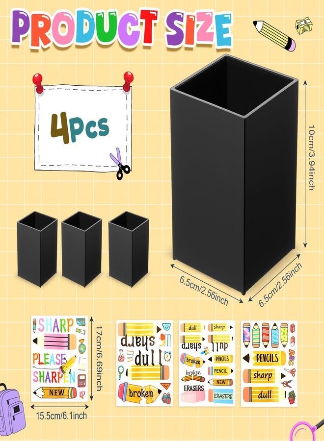 Funrous 4 Pack Black Acrylic Pen Pencil Holder Desktop Pencil Dispenser Makeup Brush Holder Organizer with Colorful Stickers for School Office Home Supplies, 3.94 x 2.56 x 2.56 Inches - Image 2