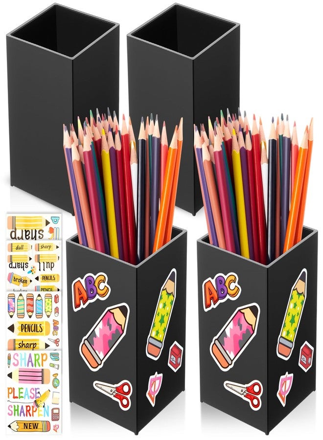 Funrous 4 Pack Black Acrylic Pen Pencil Holder Desktop Pencil Dispenser Makeup Brush Holder Organizer with Colorful Stickers for School Office Home Supplies, 3.94 x 2.56 x 2.56 Inches - Image 1