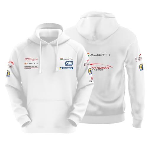 DUDEME : Ajith Kumar Car Racing Motorsport Hoodie | AK Designs | Car Enthusiast for Men & Women White Hoodie 100% Cotton Car Printed Hoodies. - Image 1