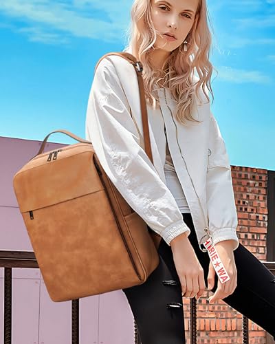 MASINTOR 15.6 inch PU Leather Laptop Backpack Purse for Women, Large College Casual Backpack Travel Bag Retro Camel - Image 2