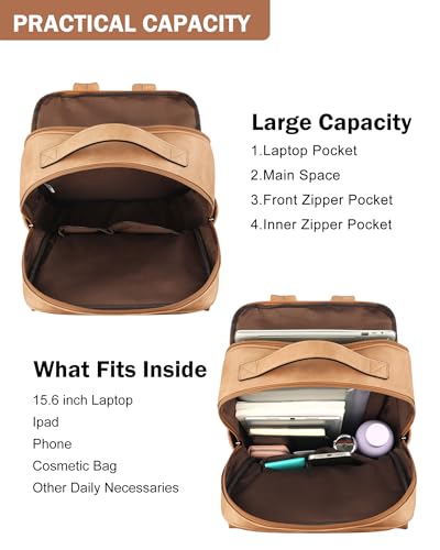 MASINTOR 15.6 inch PU Leather Laptop Backpack Purse for Women, Large College Casual Backpack Travel Bag Retro Camel - Image 3