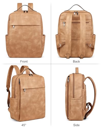 MASINTOR 15.6 inch PU Leather Laptop Backpack Purse for Women, Large College Casual Backpack Travel Bag Retro Camel - Image 4