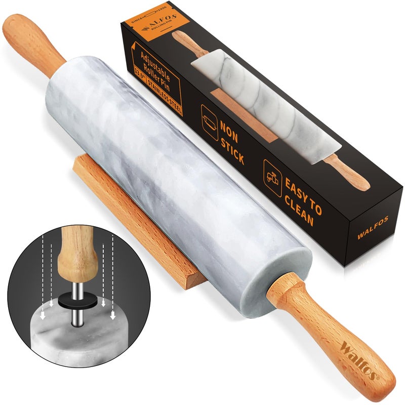 Walfos Marble Rolling Pin With Wooden Handles Wood Cradle 165 Inch Marble Rolling Pins For Making Pizza Dough And Tortillas Dough Roller For Pie Crust Cookie Pasta Gray White