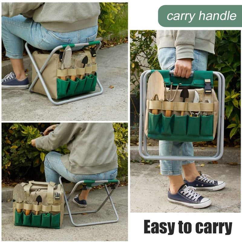Folding Garden Stool: 12" Height Silver Sturdy Steel Frame With Padded Surface - All-In-One Design With Removable Storage Tote Bag For Home Gardening, Outdoor Yard Work And Garden Enthusiasts - Image 5
