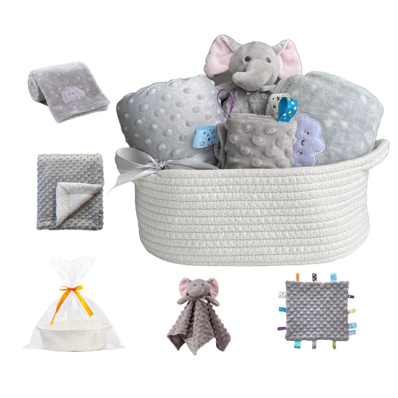 CREVENT Baby Welcome Gift Set Storage Basket with 2 Blankets 1 Security Blanket 1 Taggie 1 Gift Bag with Ribbon Grey - Image 2