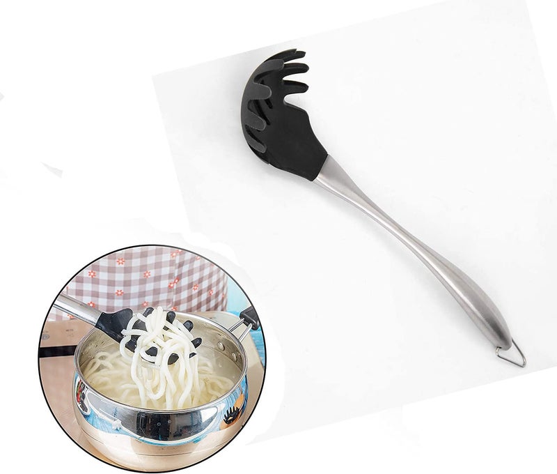 TASKHOUSE TASKHOUSE Kitchen Pasta Server Durable Food Grade Stainless Steel Pasta Spoon with Ergonomic Handle and Heat Resistant Design Silicone Kitchen Spaghetti Server Fork for Noodles Pasta and More_Black  - Image 4
