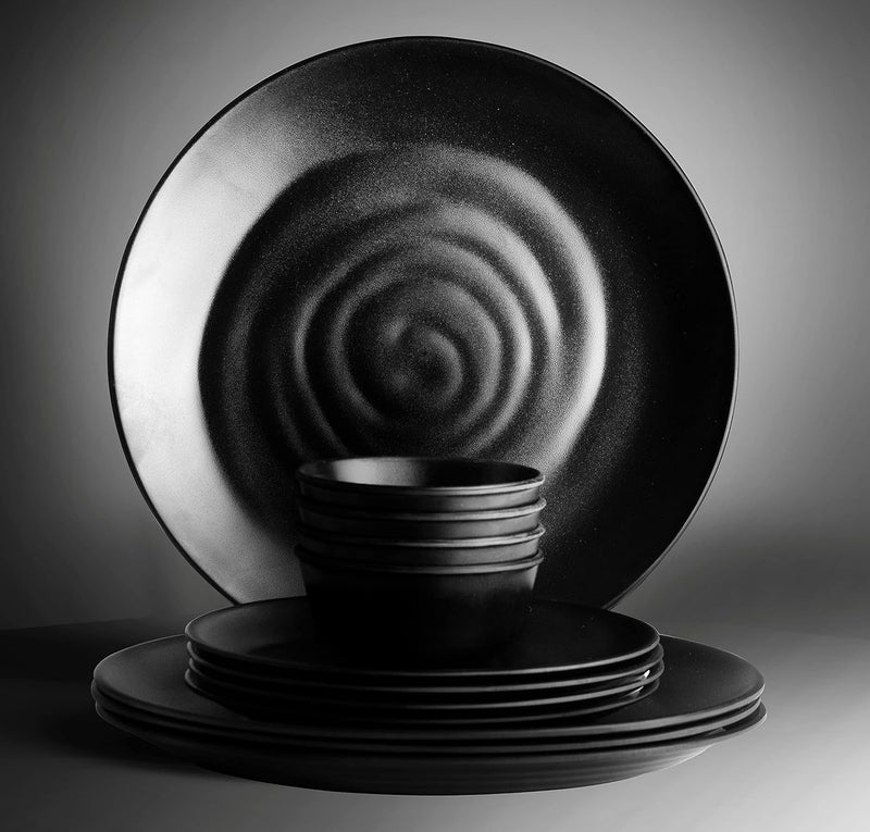 ECOSPIT CONTAINER Pack of 12 Black Spiral Dinner Set Full Plate Half Plate and Veg Bowl Black Serves 4 - Image 1