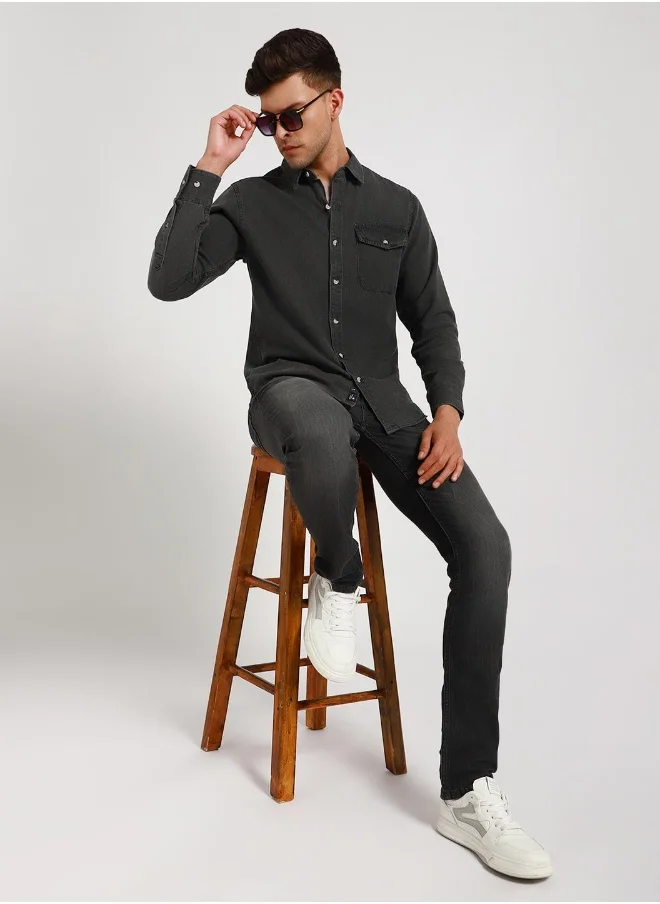 دينيس لينغو Slim Fit Grey Shirt for Men - Denim, Washed, Spread Collar, Full Sleeves, Casual Look