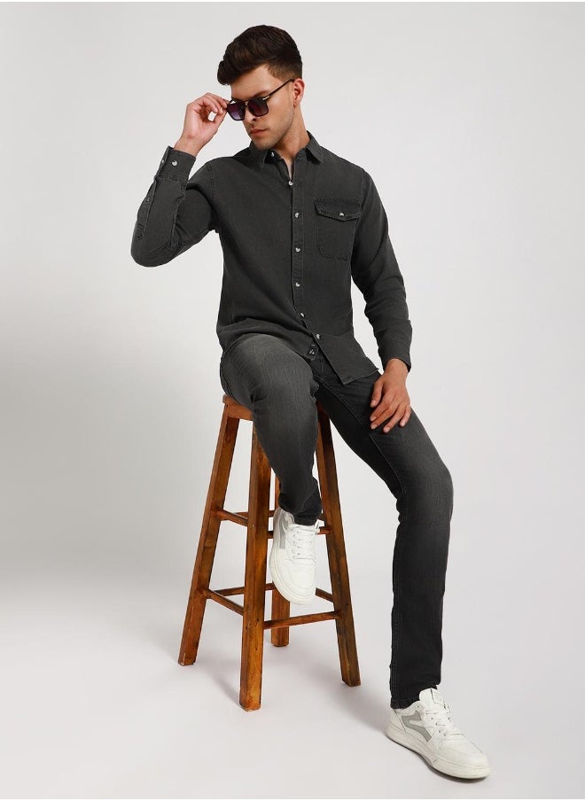 Dennis Lingo - Slim Fit Grey Shirt for Men - Denim, Washed, Spread Collar, Full Sleeves, Casual Look - Image 1
