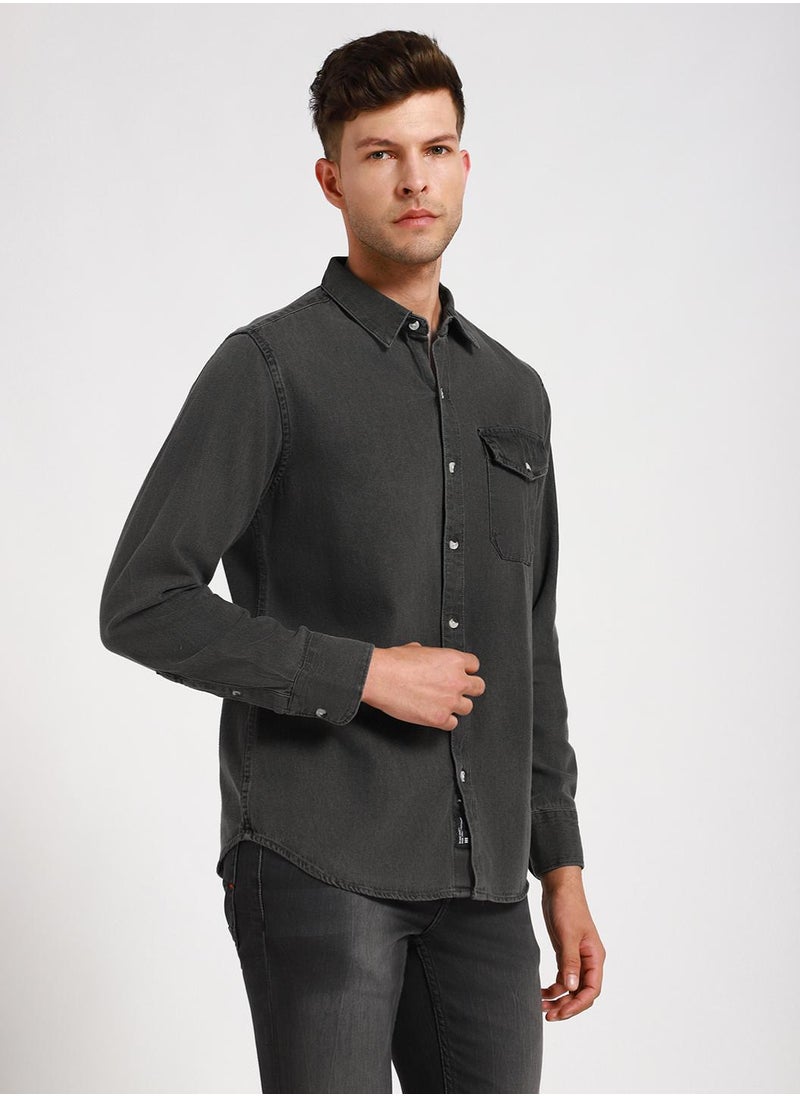 Dennis Lingo - Slim Fit Grey Shirt for Men - Denim, Washed, Spread Collar, Full Sleeves, Casual Look - Image 1