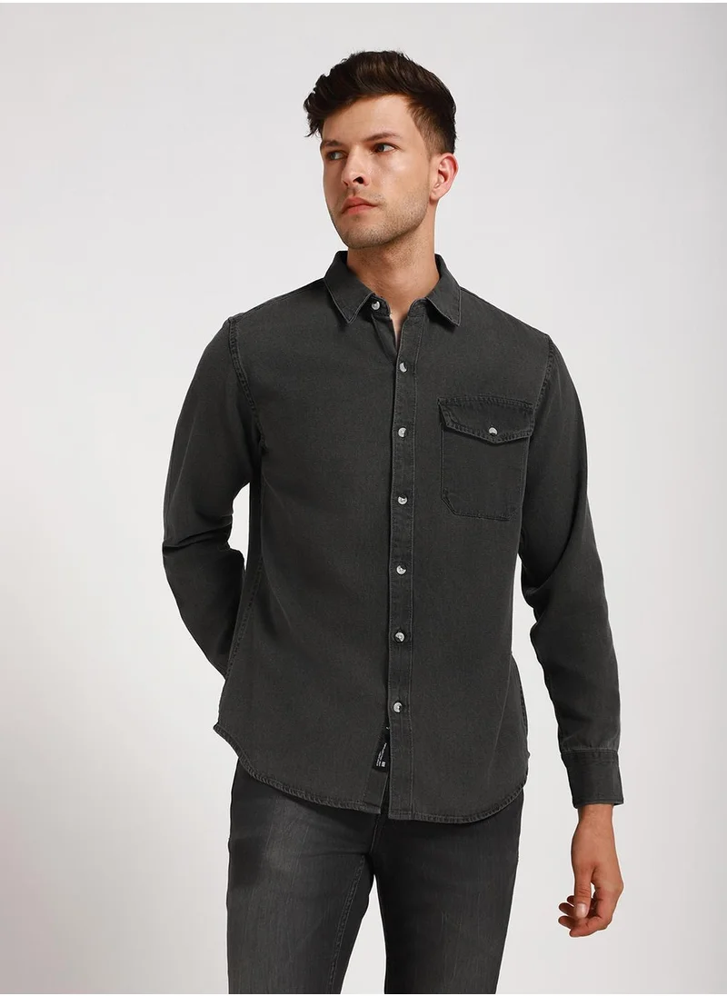 دينيس لينغو Slim Fit Grey Shirt for Men - Denim, Washed, Spread Collar, Full Sleeves, Casual Look