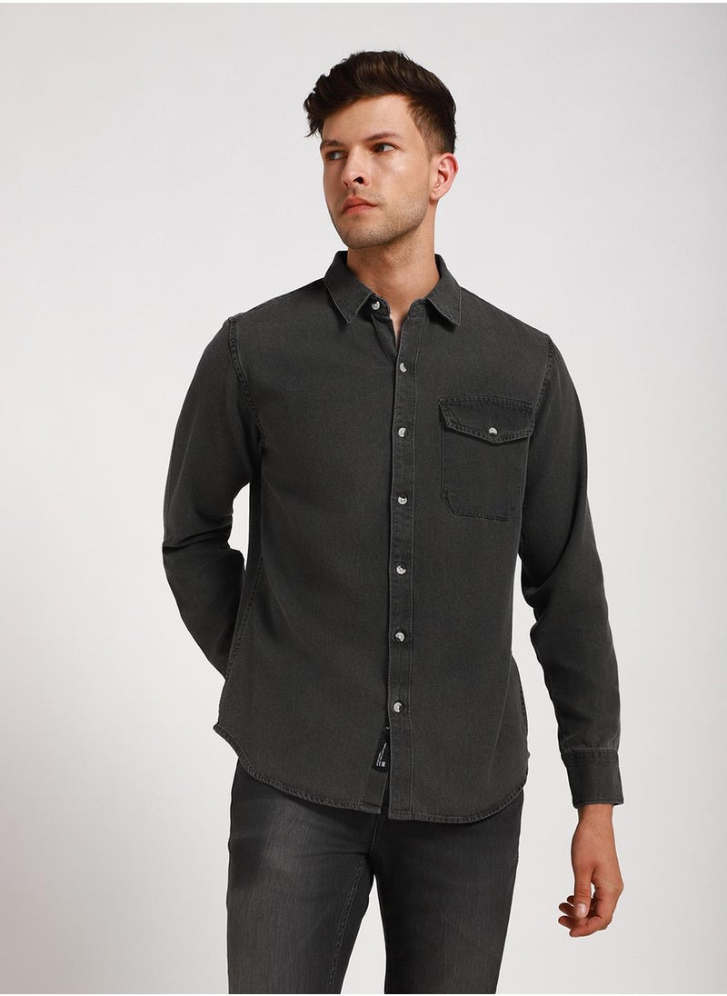 Dennis Lingo - Slim Fit Grey Shirt for Men - Denim, Washed, Spread Collar, Full Sleeves, Casual Look - Image 1