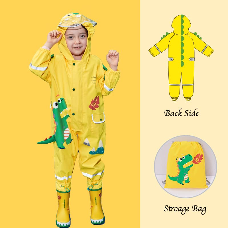 Fewlby Toddler Boys Rain Suit Lightweight Waterproof Coveralls Cartoon Fire Breathing Dragon Hoodie Rain Jacket 4-6 years L Size - Image 2