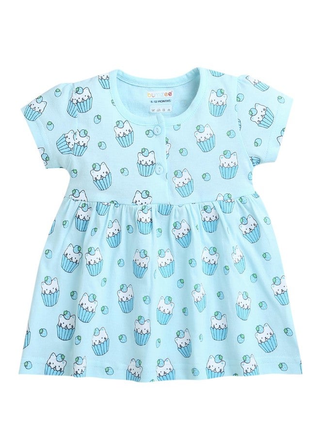 BUMZEE Powder Blue Girls Half Sleeves Cotton Frock Age - 18-24 Months (Peb9099E-pbl) - Image 1