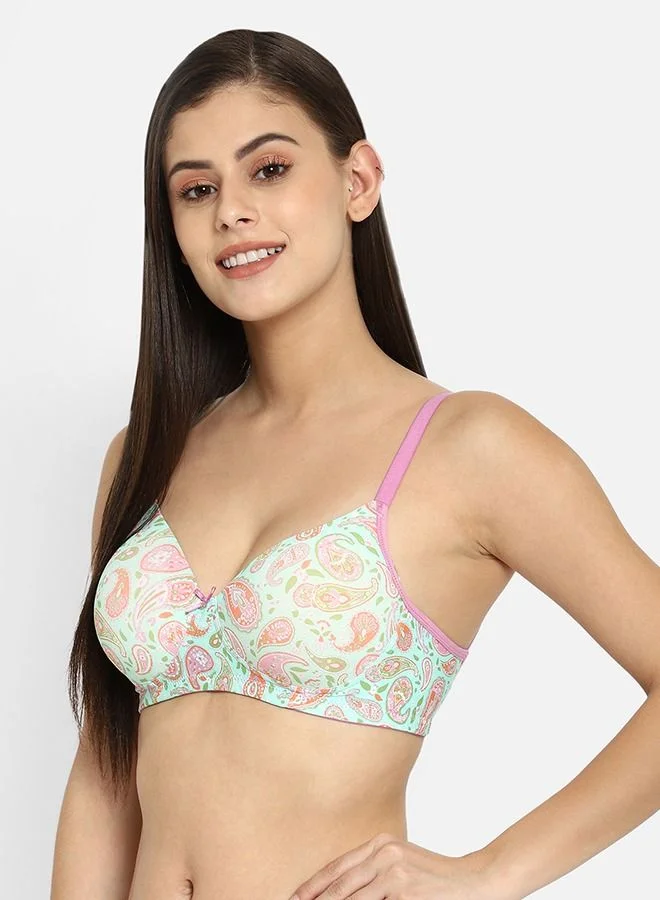 كلوفيا Clovia Lightly Padded Full Cup Paisley Print T-shirt Bra in Mint Green