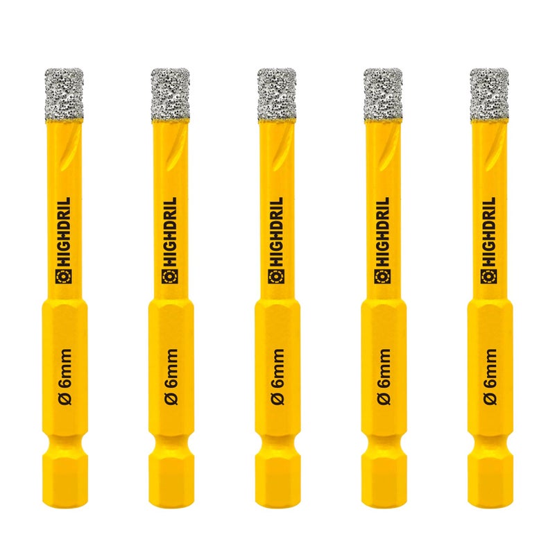 HIGHDRIL Dry Diamond Drill Bits 5Pcs 6mm 14 with Quickfit Hex Shank for Granite Marble Porcelain Tile Ceramic