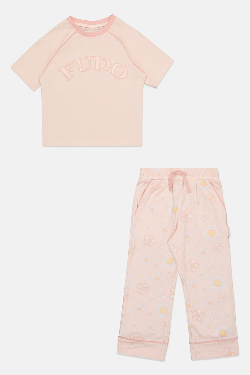 Fudo Lounge By Fudo Kids Girl 2 Pieces Embroidered Logo Top And Pants Pyjama Set, Light Pink - Image 2