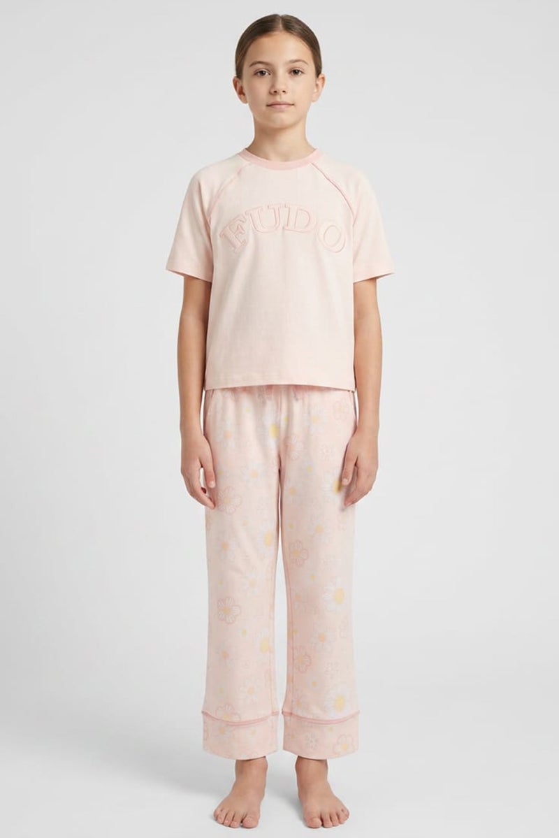 Fudo Lounge By Fudo Kids Girl 2 Pieces Embroidered Logo Top And Pants Pyjama Set, Light Pink - Image 1