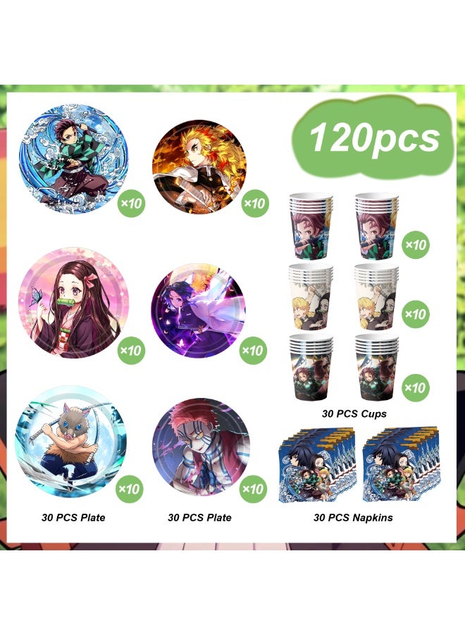 FRUITFUL PARTY Demon Slayer Birthday Party Tableware Set for 30 Guests 120PCS Anime Party Supplies with Plates Cups Napkins Kids Demon Slayer Party Decorations - Image 3