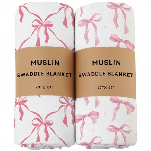 REZIPO 2 Pack Pink Bow Muslin Swaddle Blankets 70% Bambo 30% Cotton Breathable Receiving Blankets Newborn Essentials for Baby Girl Soft and Large 47 x 47 Inches (Bow) - Image 1