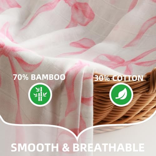 REZIPO 2 Pack Pink Bow Muslin Swaddle Blankets 70% Bambo 30% Cotton Breathable Receiving Blankets Newborn Essentials for Baby Girl Soft and Large 47 x 47 Inches (Bow) - Image 5
