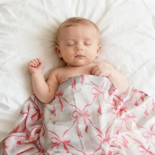 REZIPO 2 Pack Pink Bow Muslin Swaddle Blankets 70% Bambo 30% Cotton Breathable Receiving Blankets Newborn Essentials for Baby Girl Soft and Large 47 x 47 Inches (Bow) - Image 4