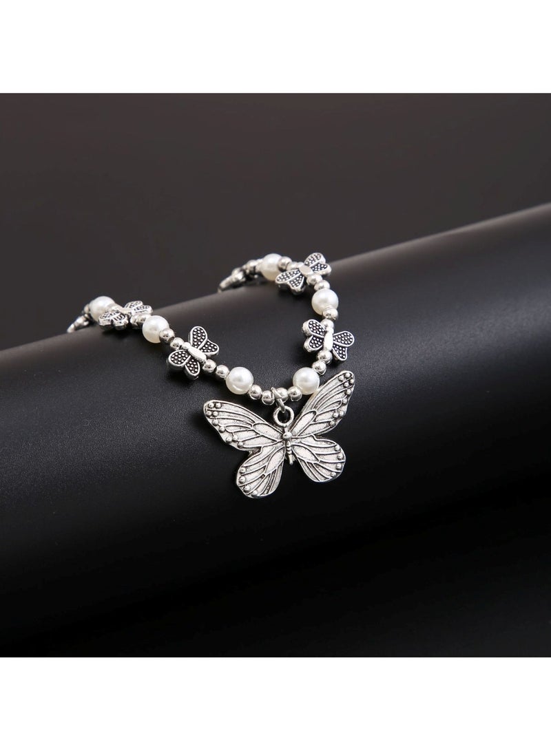 Huitich Silver Color Tone Butterfly Pendant Necklace with Small Beads and Mini Butterfly Charms for Women  - Image 2